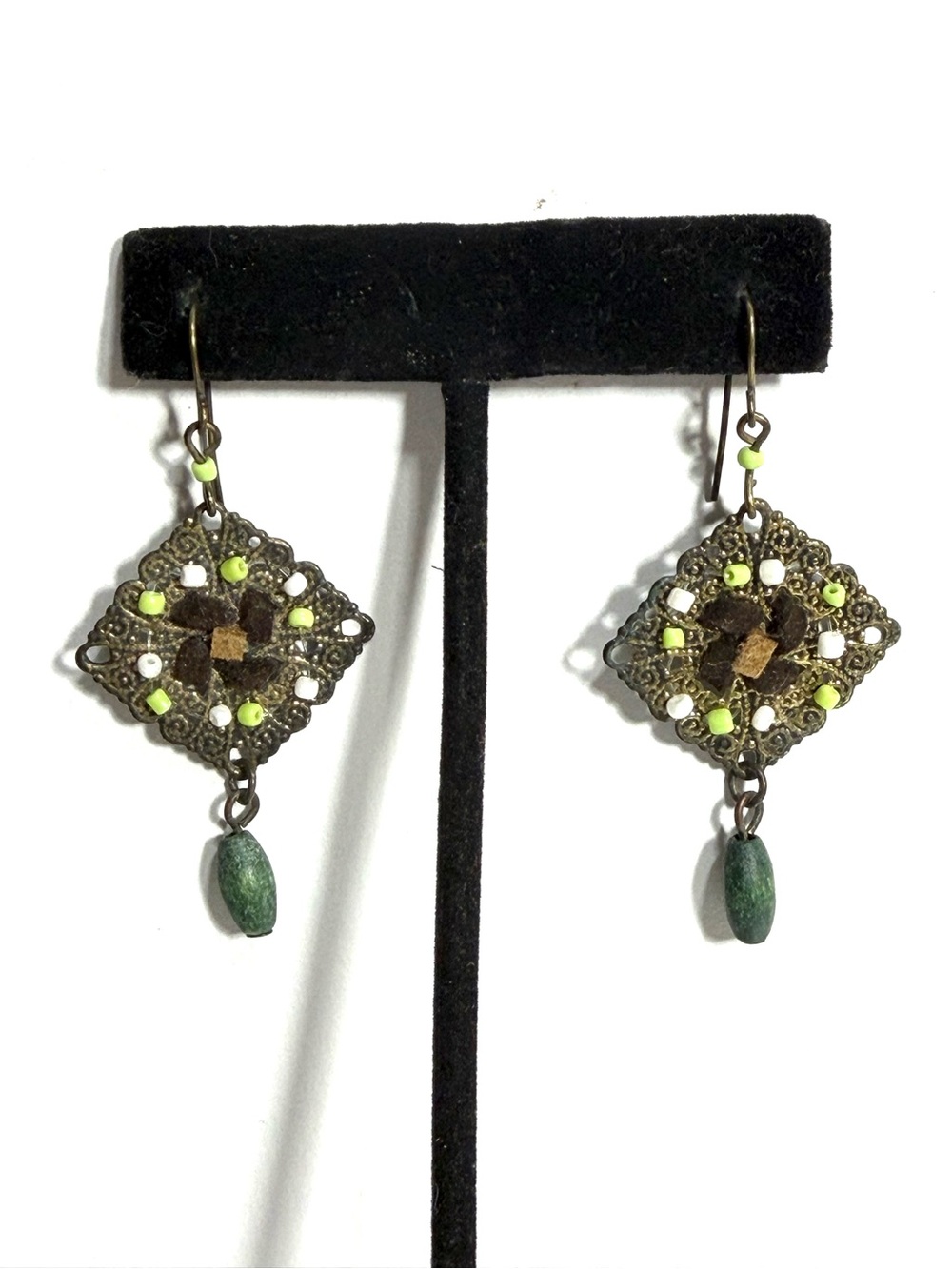 Earthy Bronze Green Filigree Dangle Earrings Boho Hippie Festival Diamond Shaped